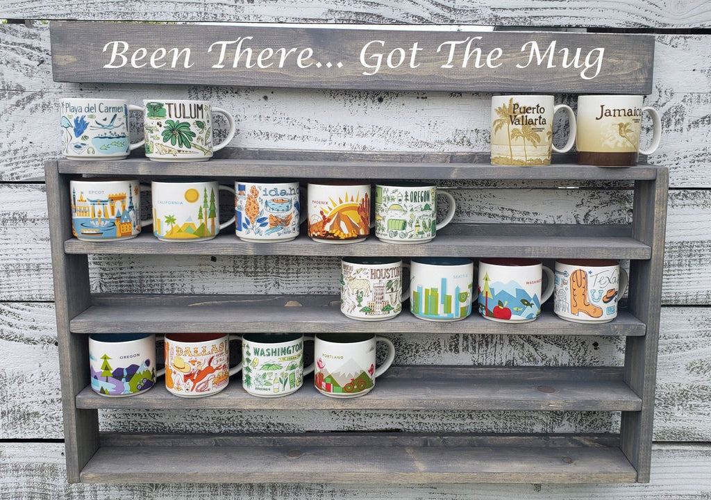 You Are Here Mug Rack – XL Wood Coffee Mug Display Shelf | Holds 16–72 Mugs