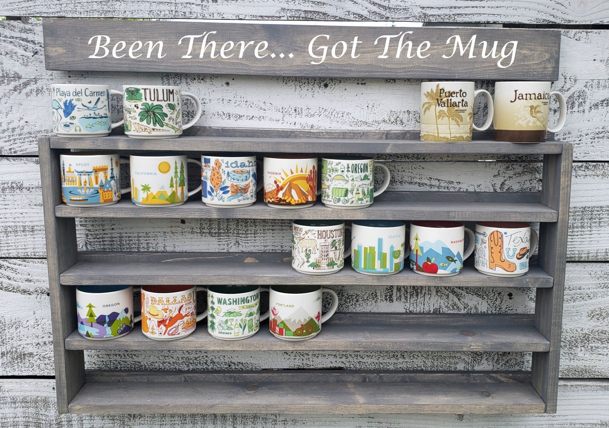 You Are Here Mug Rack – XL Wood Coffee Mug Display Shelf | Holds 16–72 Mugs