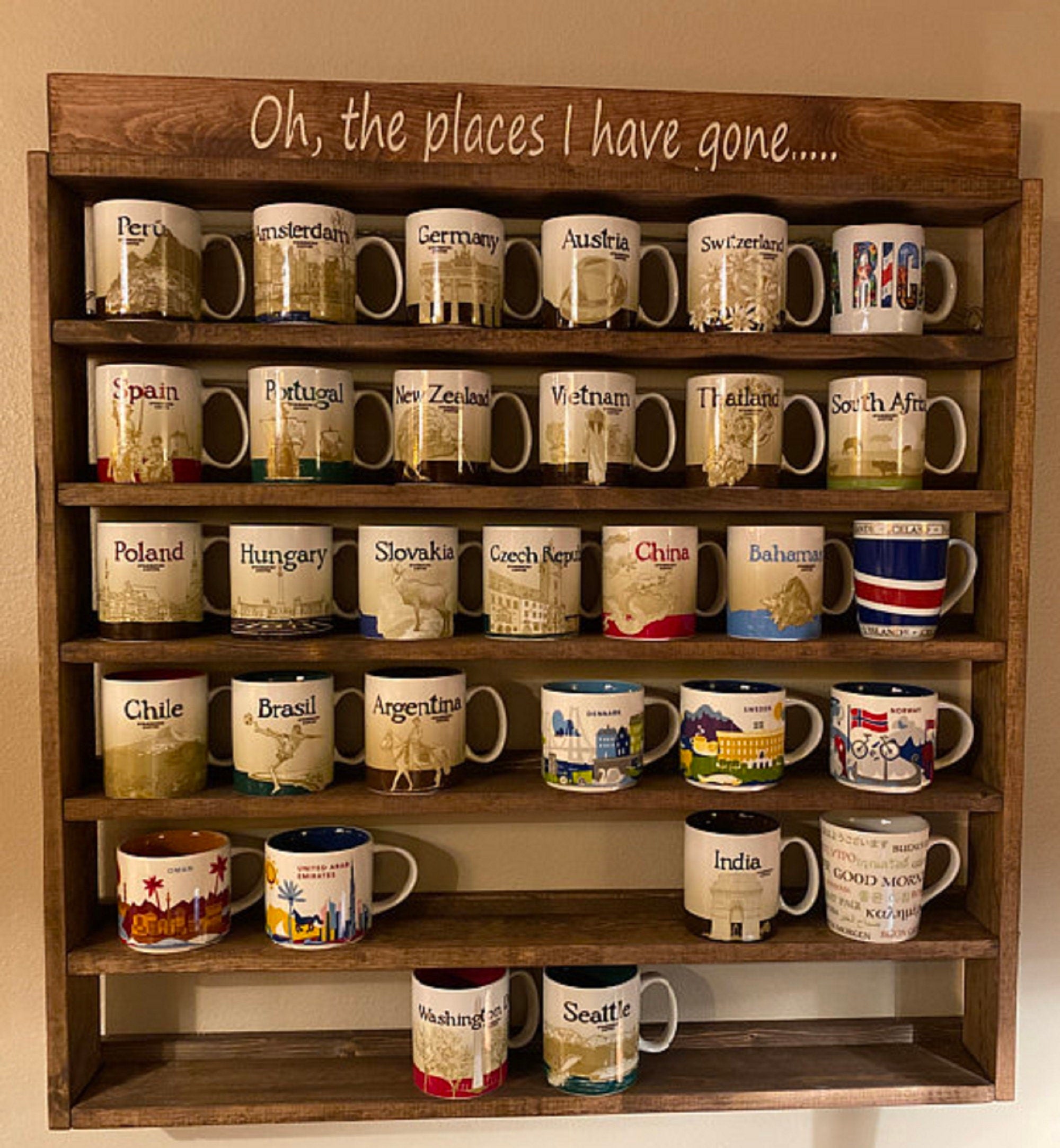 You Are Here Mug Rack – XL Wood Coffee Mug Display Shelf | Holds 16–72 Mugs