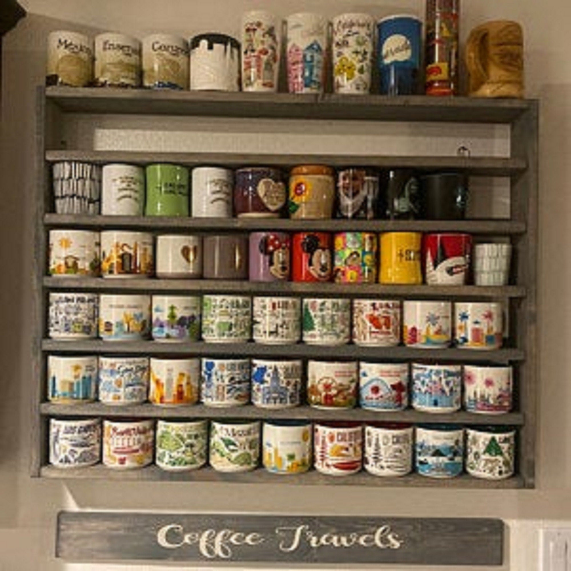 You Are Here Mug Rack – XL Wood Coffee Mug Display Shelf | Holds 16–72 Mugs