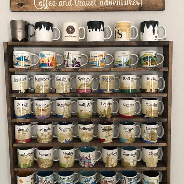 You Are Here Mug Rack – XL Wood Coffee Mug Display Shelf | Holds 16–72 Mugs