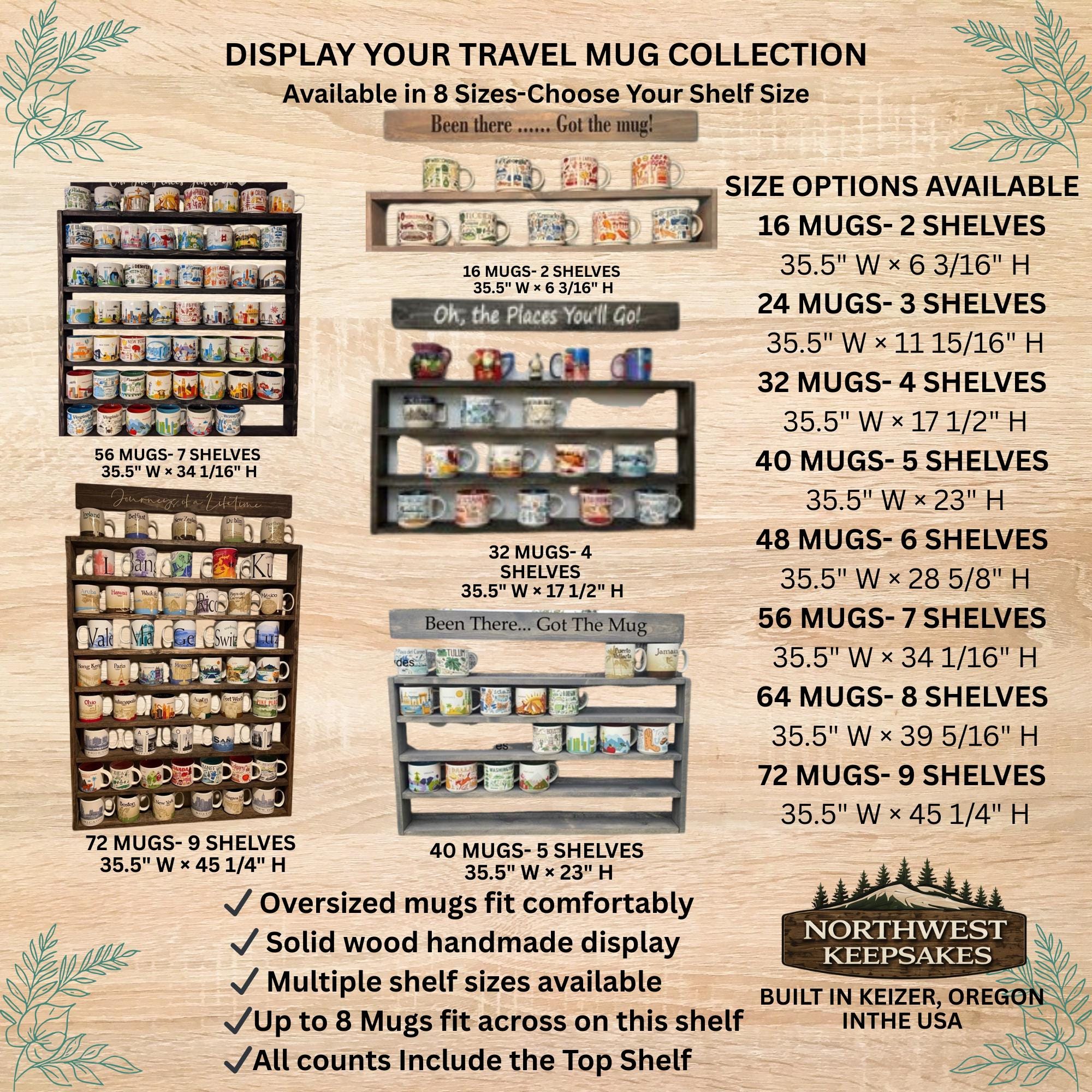 You Are Here Mug Rack – XL Coffee Mug Display Shelf | Holds 16–72 Mugs Up to 8 Mugs Across