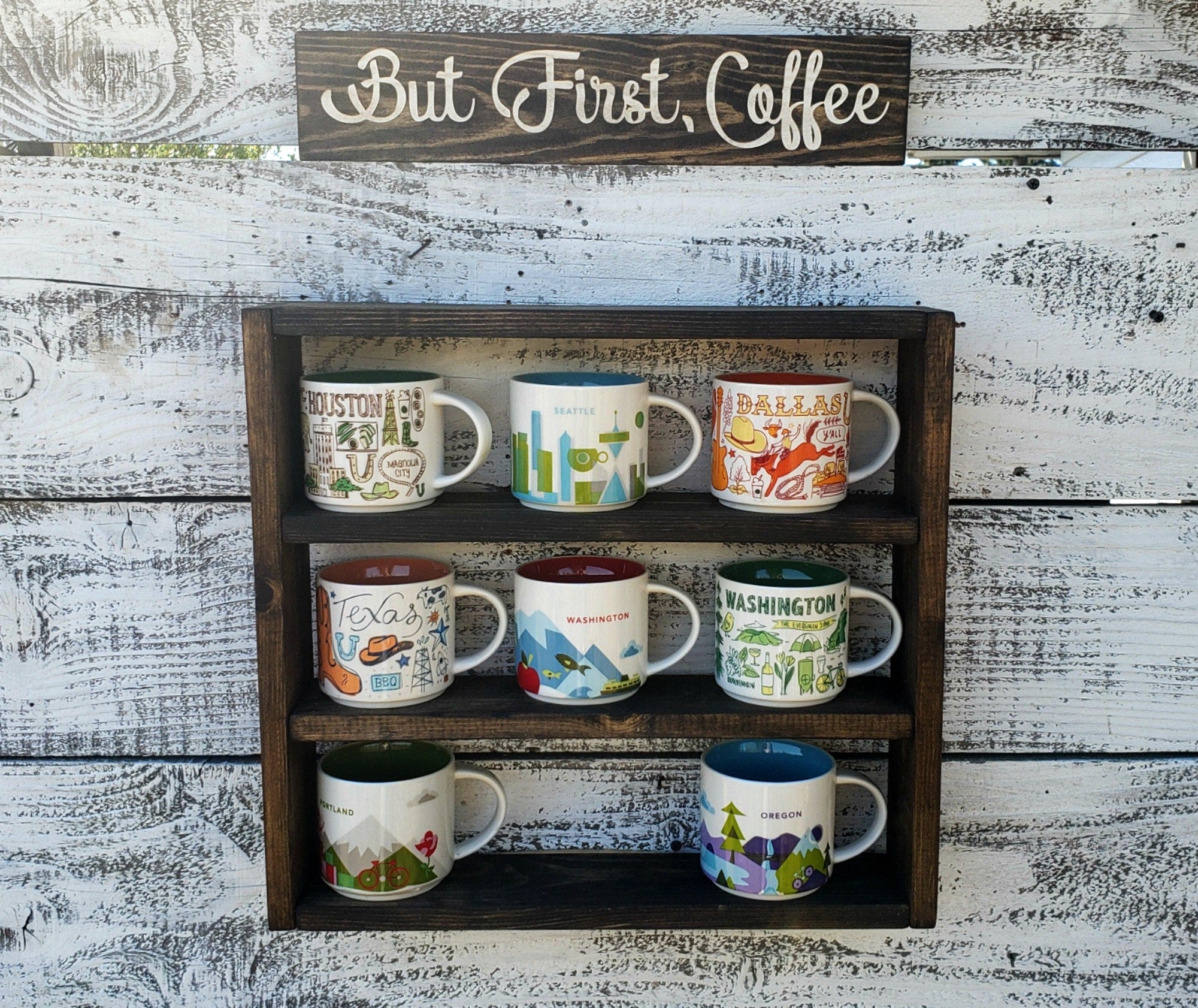 Personalized Coffee Mug Rack: You Are Here Collection Display Shelf Up to 5 Mugs Across, 26"