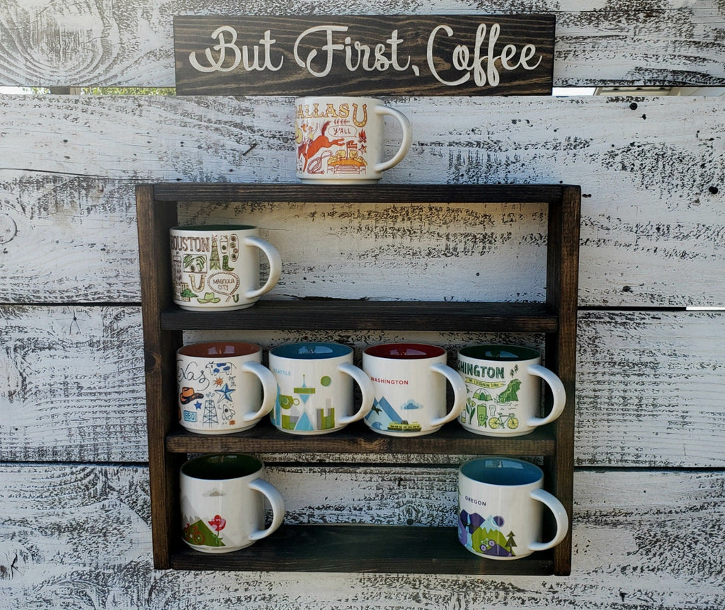 Personalized Coffee Mug Rack: You Are Here Collection Display Shelf Up to 5 Mugs Across, 26"