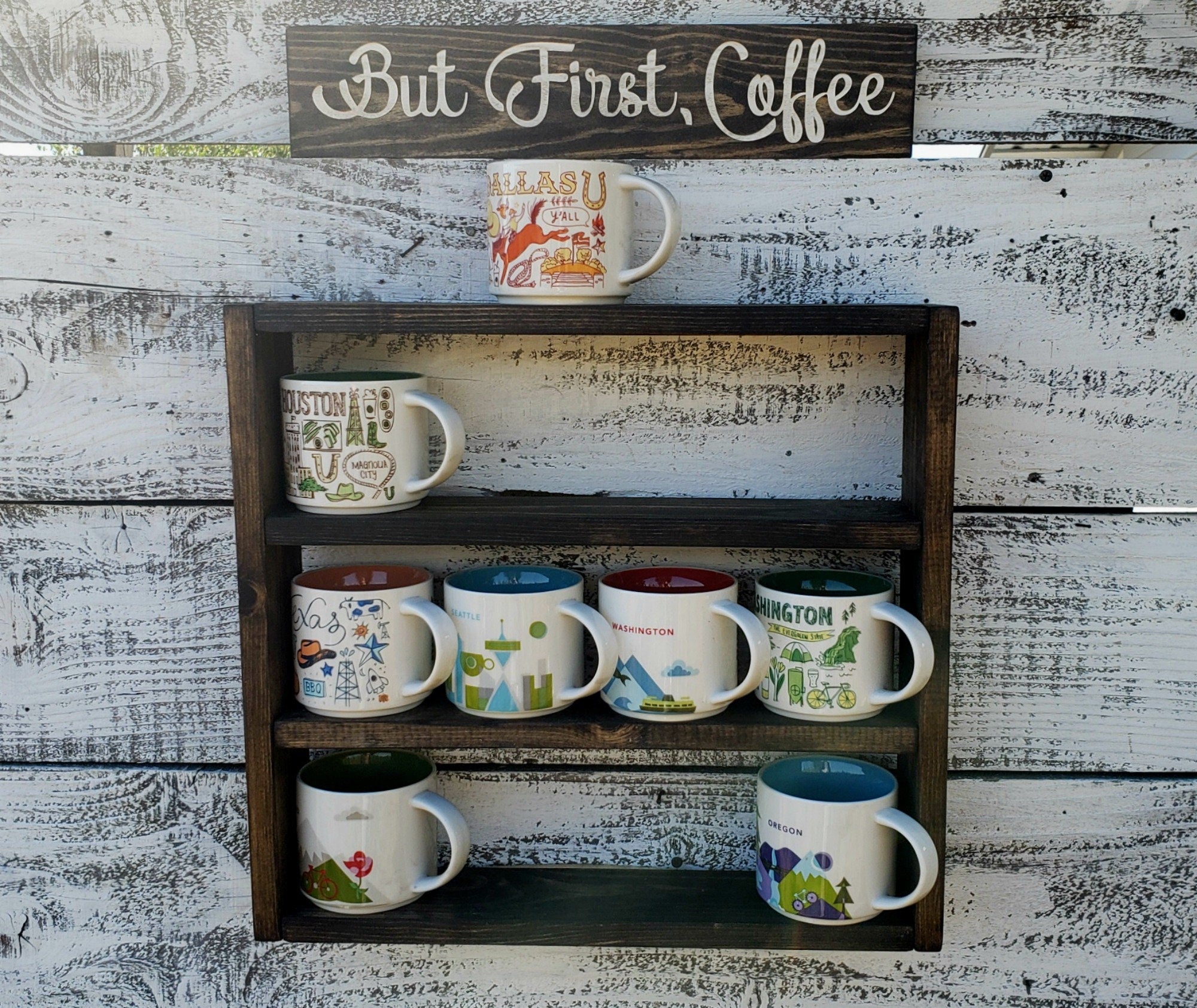 Personalized Coffee Mug Rack: You Are Here Collection Display Shelf Up to 5 Mugs Across, 26"