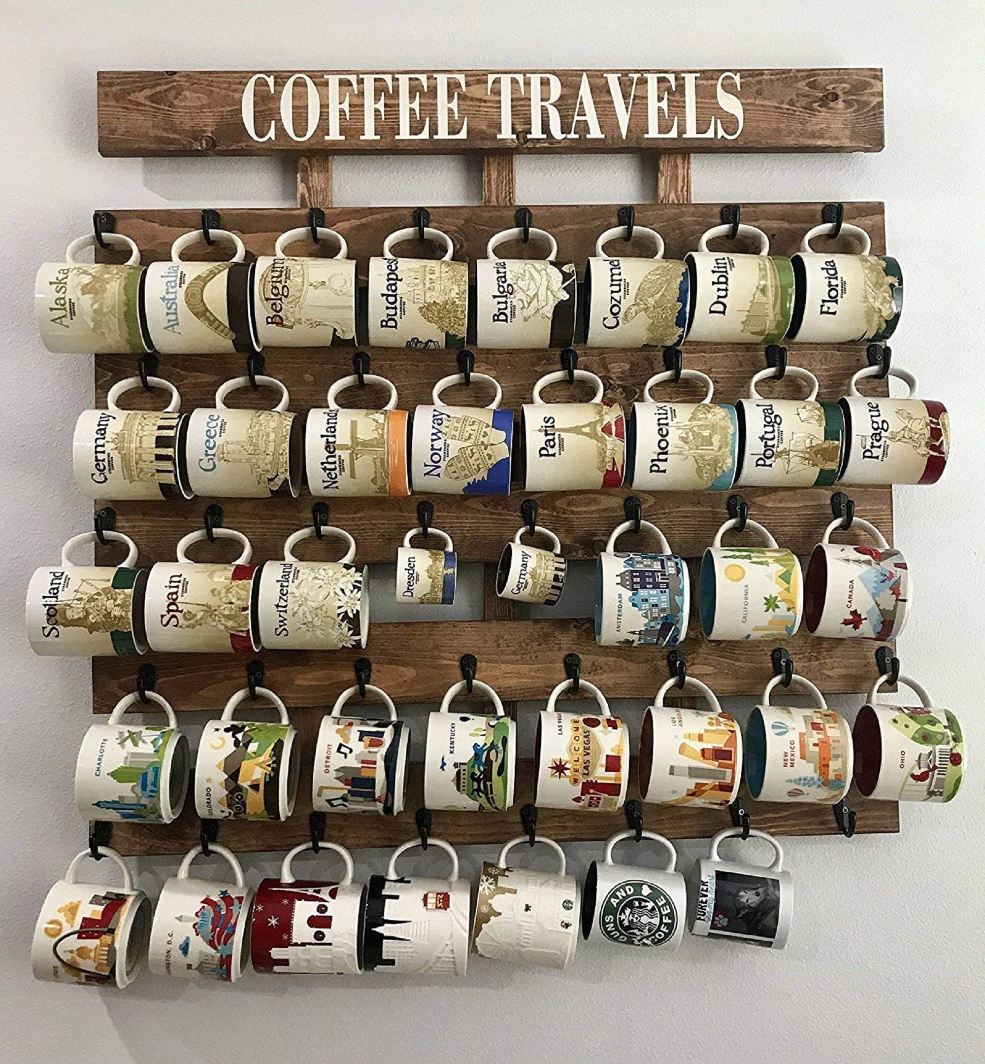 XL Coffee Mug Rack with Hooks – You Are Here & Been There Collection Display