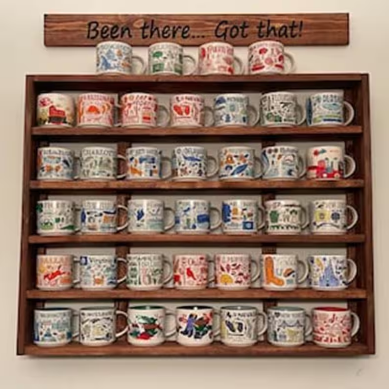 You Are Here Mug Rack – XL Wood Coffee Mug Display Shelf | Holds 16–72 Mugs
